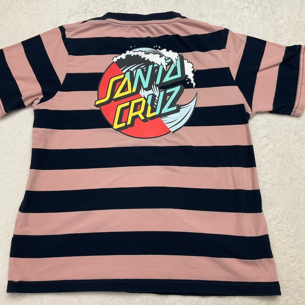 🌼4/$10🌼 SANTA CRUZ Skateboards Pink and Navy Striped Logo Tee Woman XS Beach